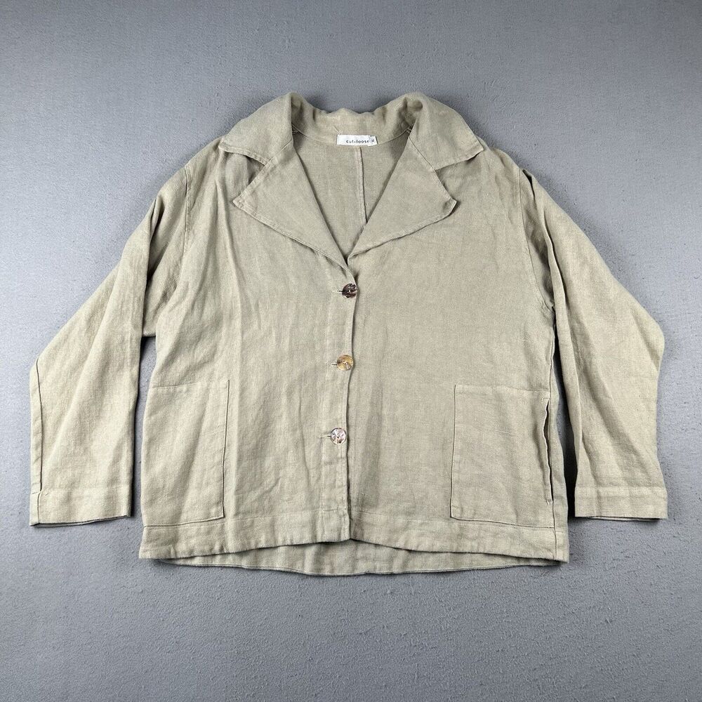 Cut Loose Linen Blazer Jacket Women’s XL Beige Notch Collar 3 Button Long Sleeve